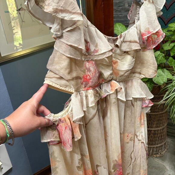 ASOS Curve Floral Patchwork Off‑Shoulder Cut‑Out Tiered Ruffle Midi Dress XL - Picture 3 of 9